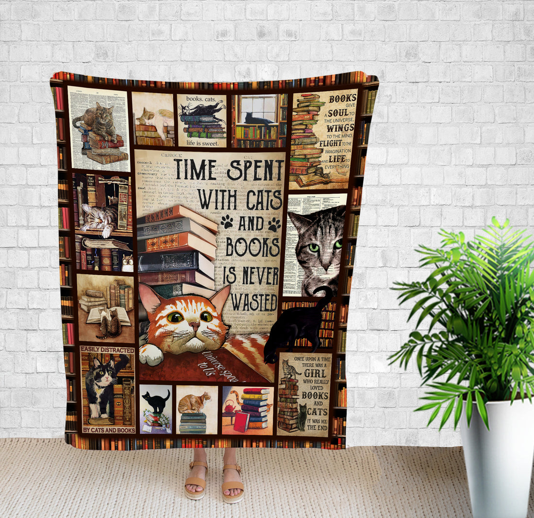 Blanket Design, Time Spent With Cats And Books Is Never Wasted, Cat Reading Book, Cat Mom Gifts, Book Lover, Fall Throw Blanket