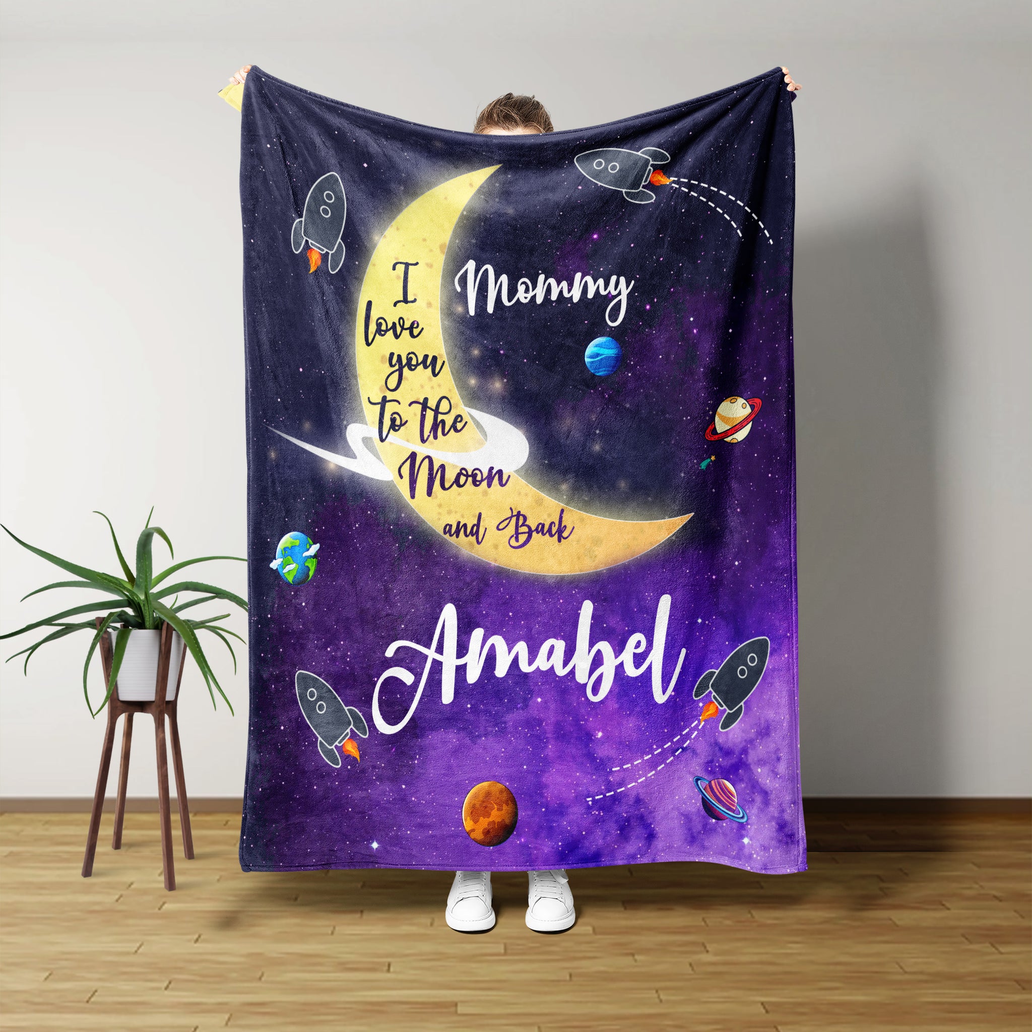 Custom Mommy I Love You To The Moon And Back Blanket, Personalized Galaxy Blanket, Personalized Gift For Mom.