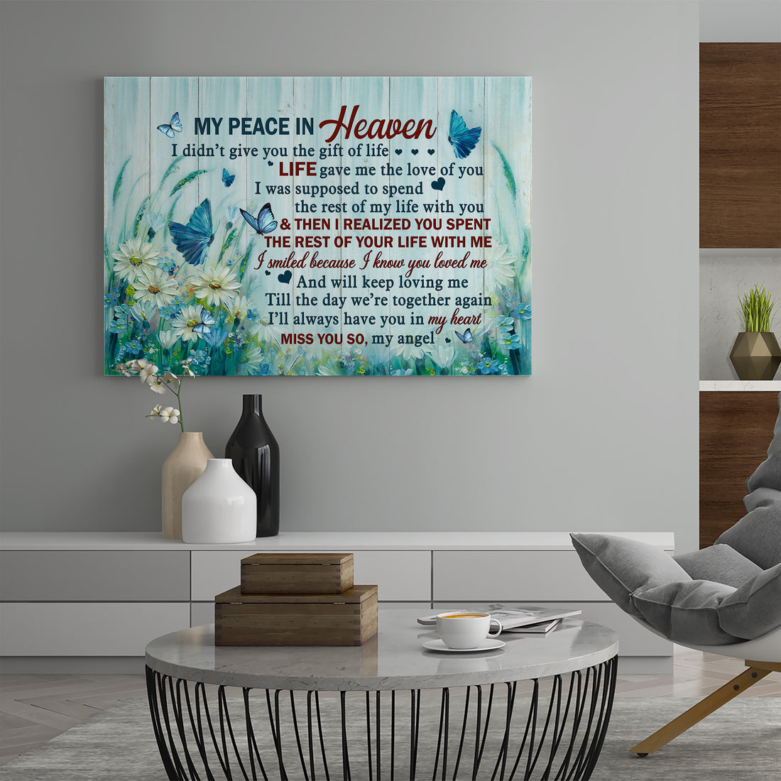 Canvas Wall Art, My Peace In Heaven Canvas, Butterfly, Flower Garden, Loss Of Love One, Rest In Peace, Home Decorations