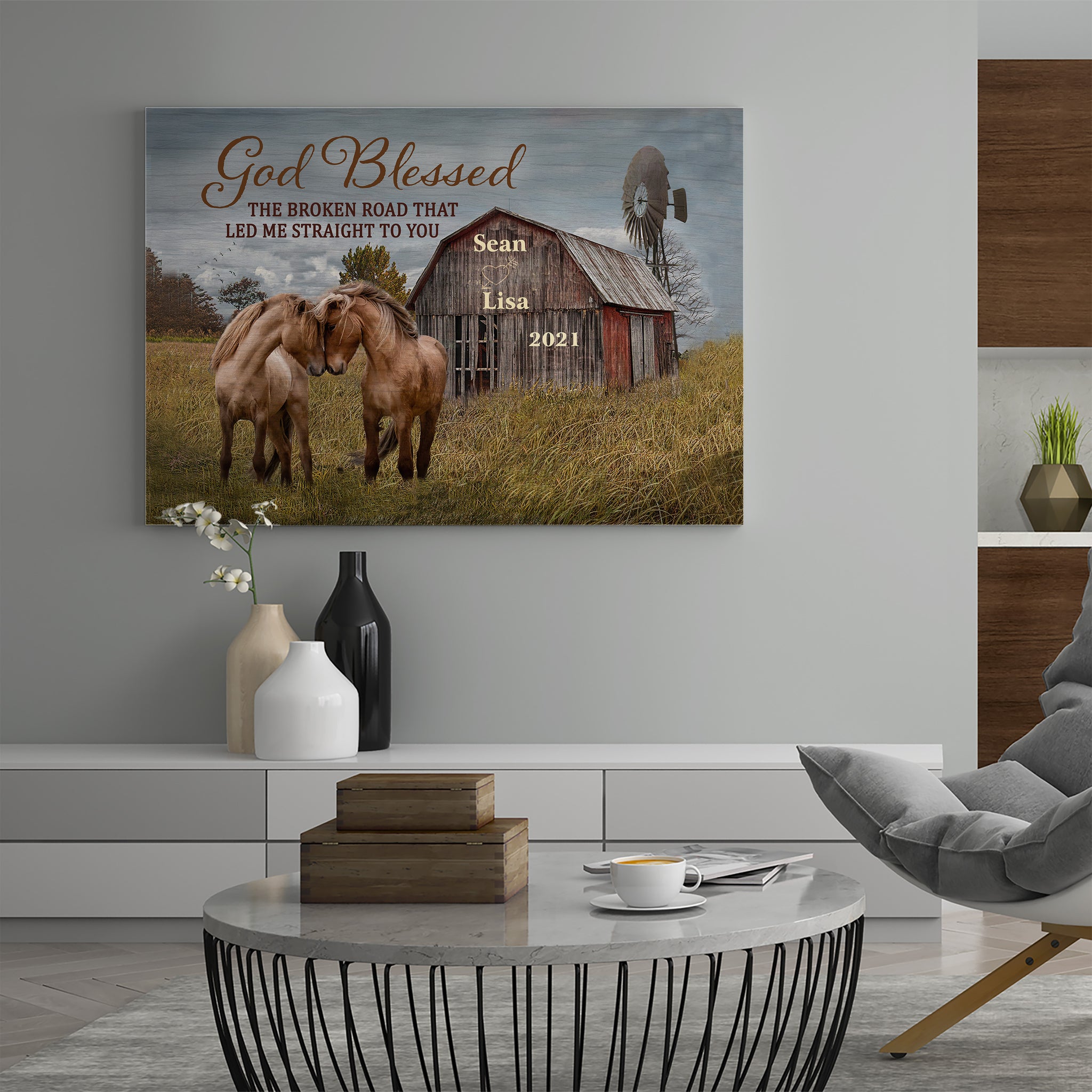 Canvas Wall Art, God Blessed The Broken Road Poster, Wedding Gifts, 1st Anniversary, Couple Gifts, Horse Lover Gifts, Farmhouse Christmas Decor, Wall Art For Living Room