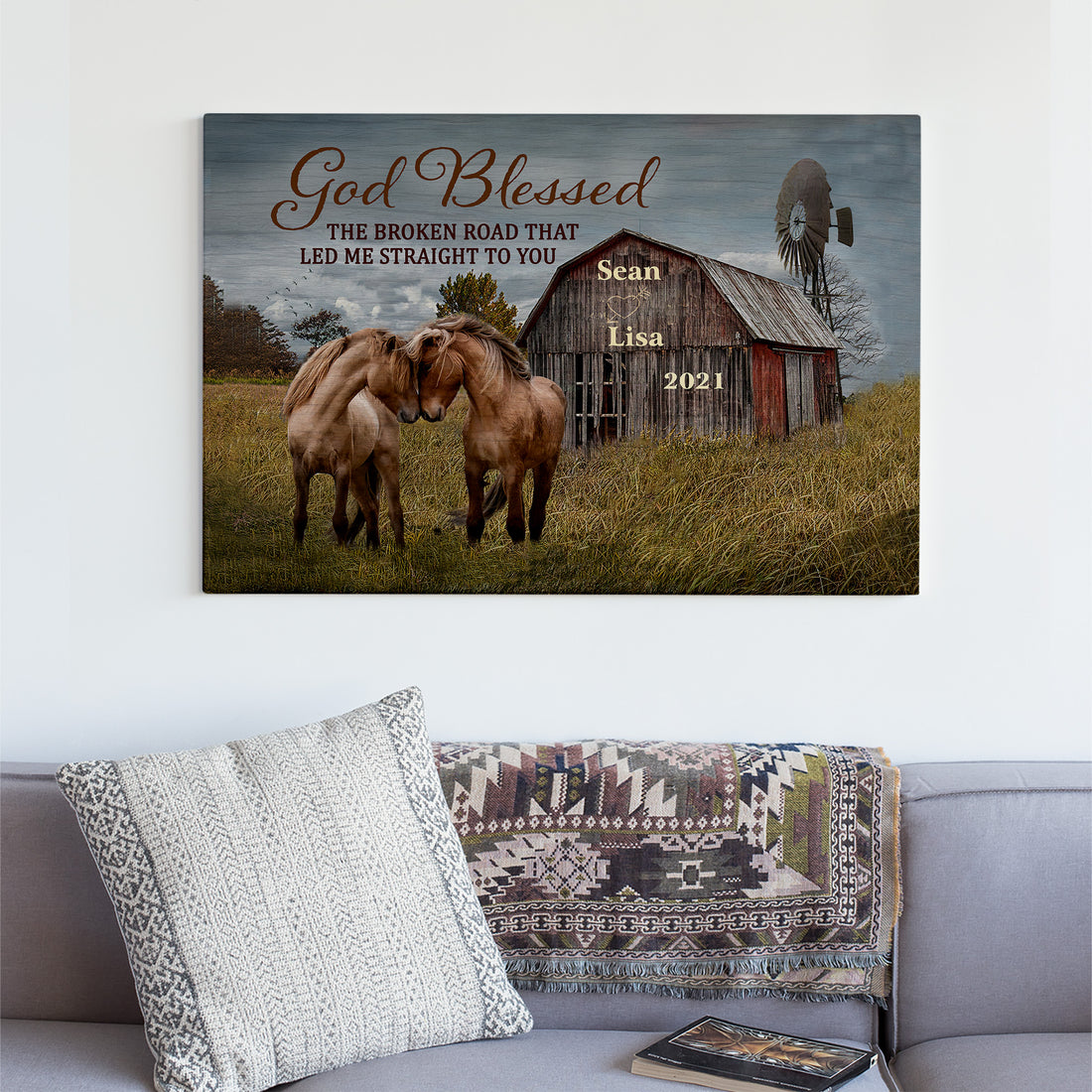 Canvas Wall Art, God Blessed The Broken Road Poster, Wedding Gifts, 1st Anniversary, Couple Gifts, Horse Lover Gifts, Farmhouse Christmas Decor, Wall Art For Living Room